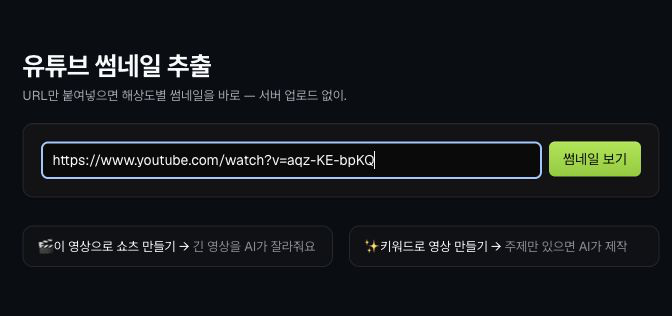 유튜브 썸네일 추출 도구에 공개 테스트 영상 URL을 붙여넣은 화면